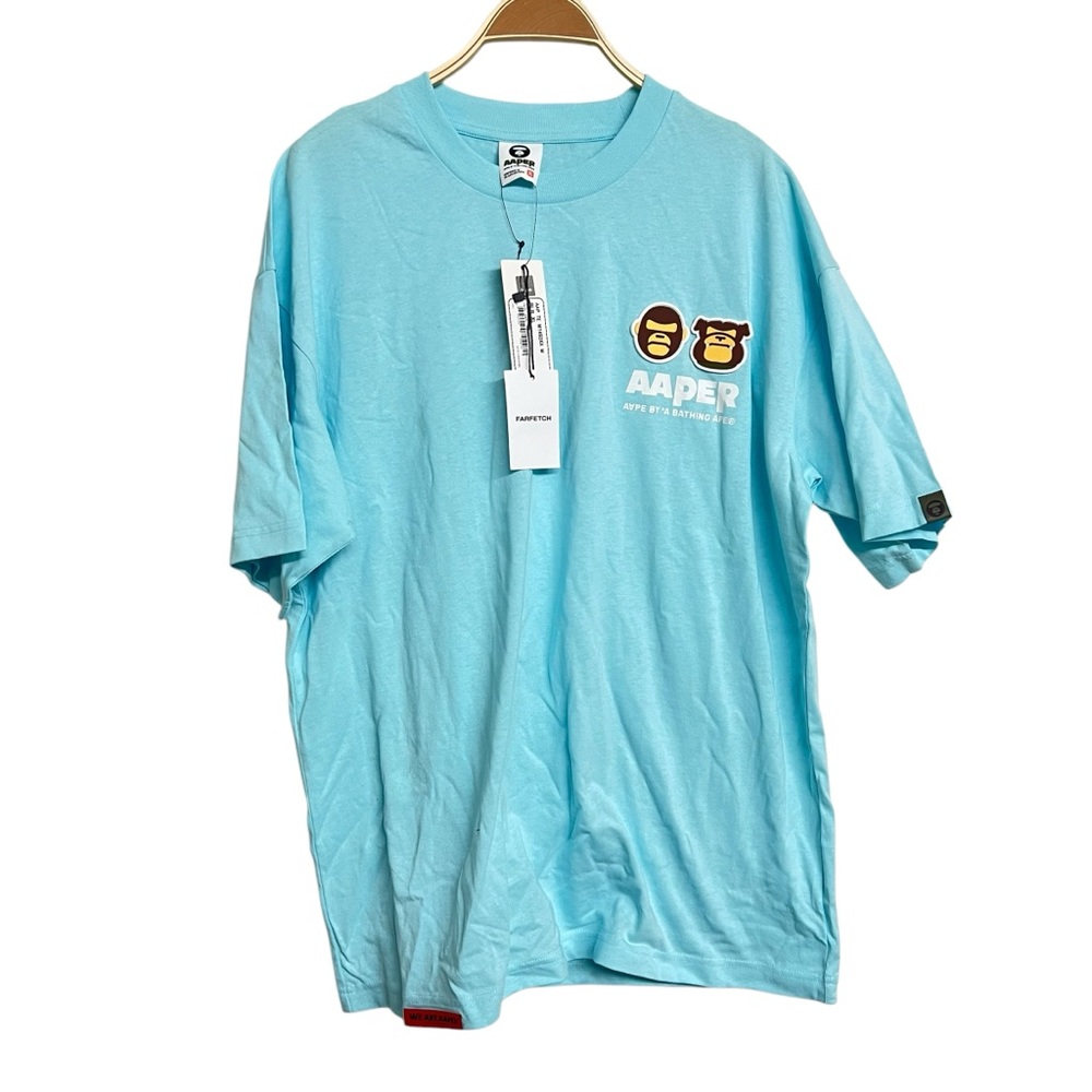 New Mens Aape by A Bathing Ape Logo Appliqué Cotton Light‎ Blue T-shirt
